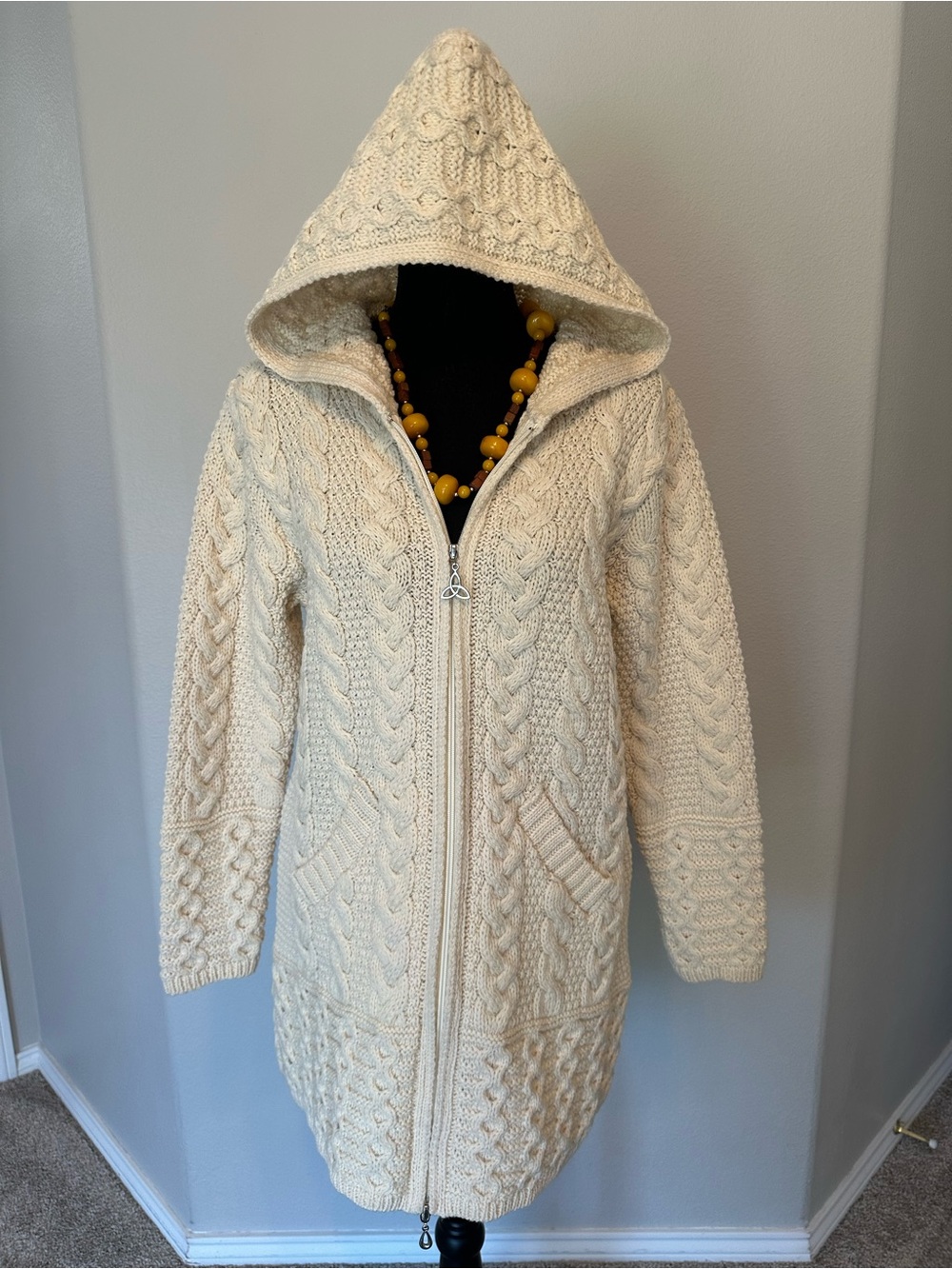Aran Crafts Cream Hooded Cable-Knit Zip Cardigan